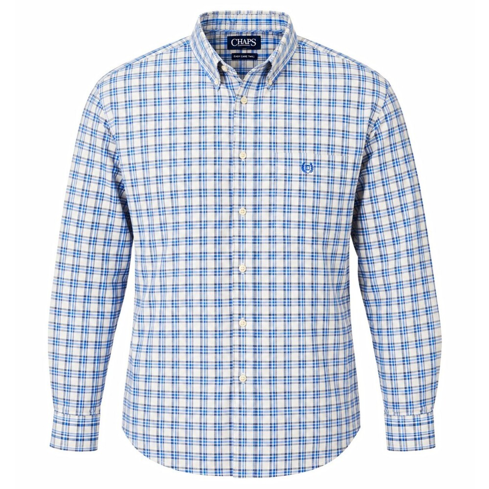 Chaps Easy Care Twill Plaid Button-Down Shirt Long Sleeve Blue White 2XL